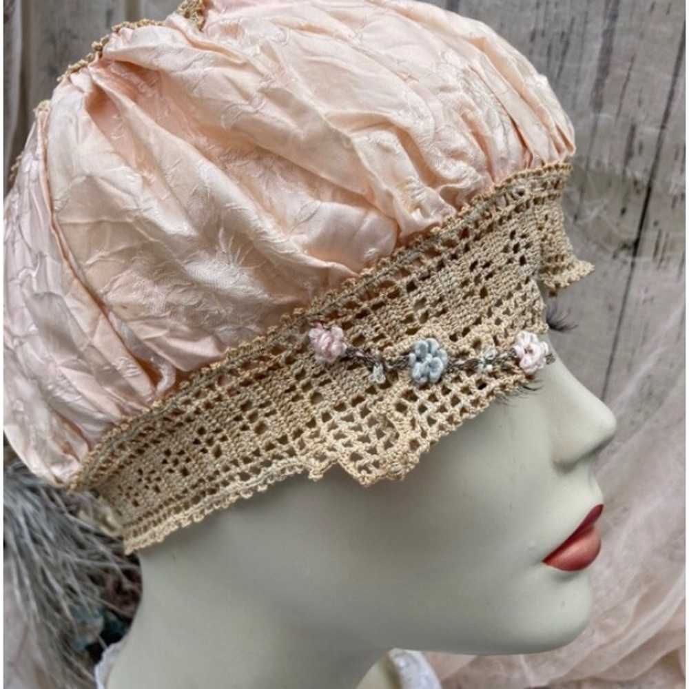Vintage Pink Nightcap-Pink Sleeping Hat-Silk Crochet-Antique Nightcap-Pink Beige